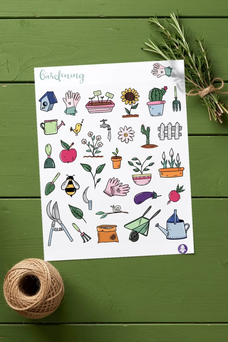 Printed sheet of hand-drawn gardening stickers with a birdhouse, a sunflower, a watering can and a wheelbarrow, on moss green wooden boards with a bundle of fresh herbs and a ball of twine