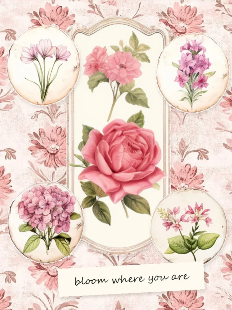 Scrapbook page layout on pink damask paper with a tall framed rose tag in the centre, four round pink flower cut-outs at its corners and a strip below that says bloom where you are