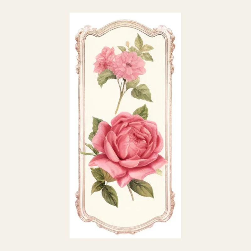 Tall cream tag in a pale pink frame with a pink garden rose