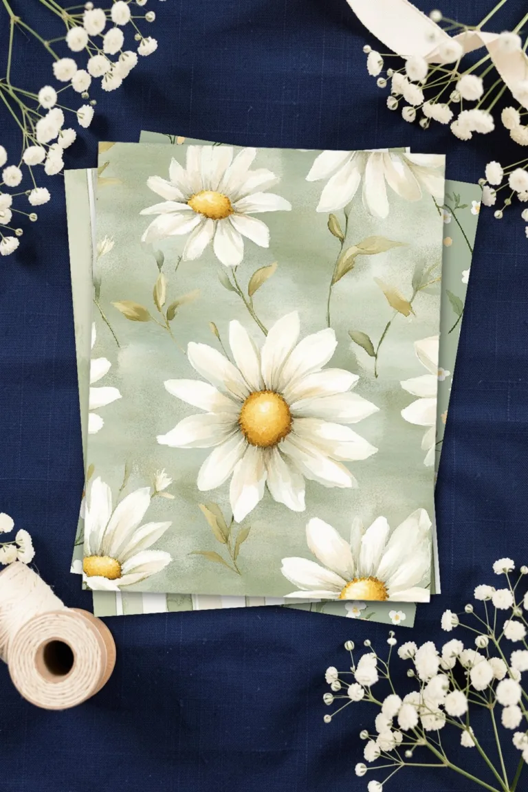 Sage green paper with large white daisies, printed sheets stacked, on navy blue linen with white gypsophila and a spool of cream ribbon