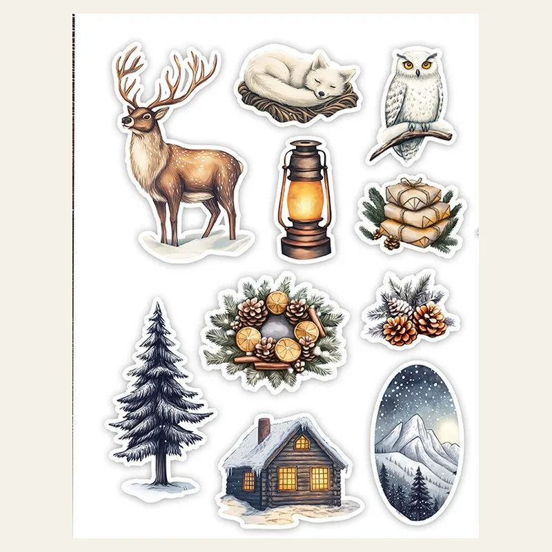 Printable page of winter woodland cut-outs: deer, owl, lantern, pine tree, cabin, pine cones