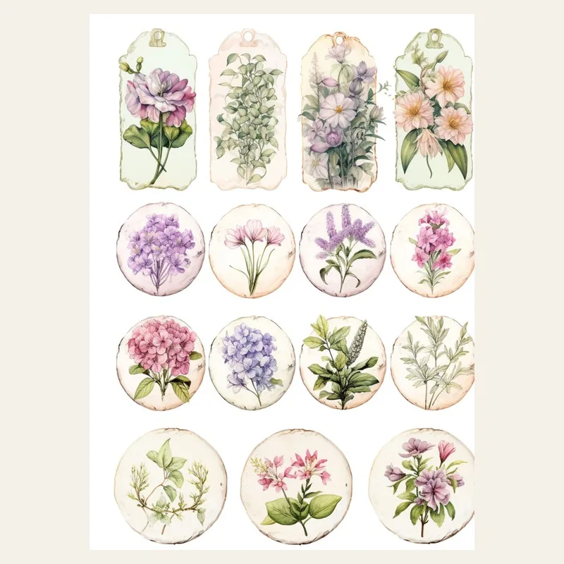 Printable sheet of small floral tags and round botanical cut-outs