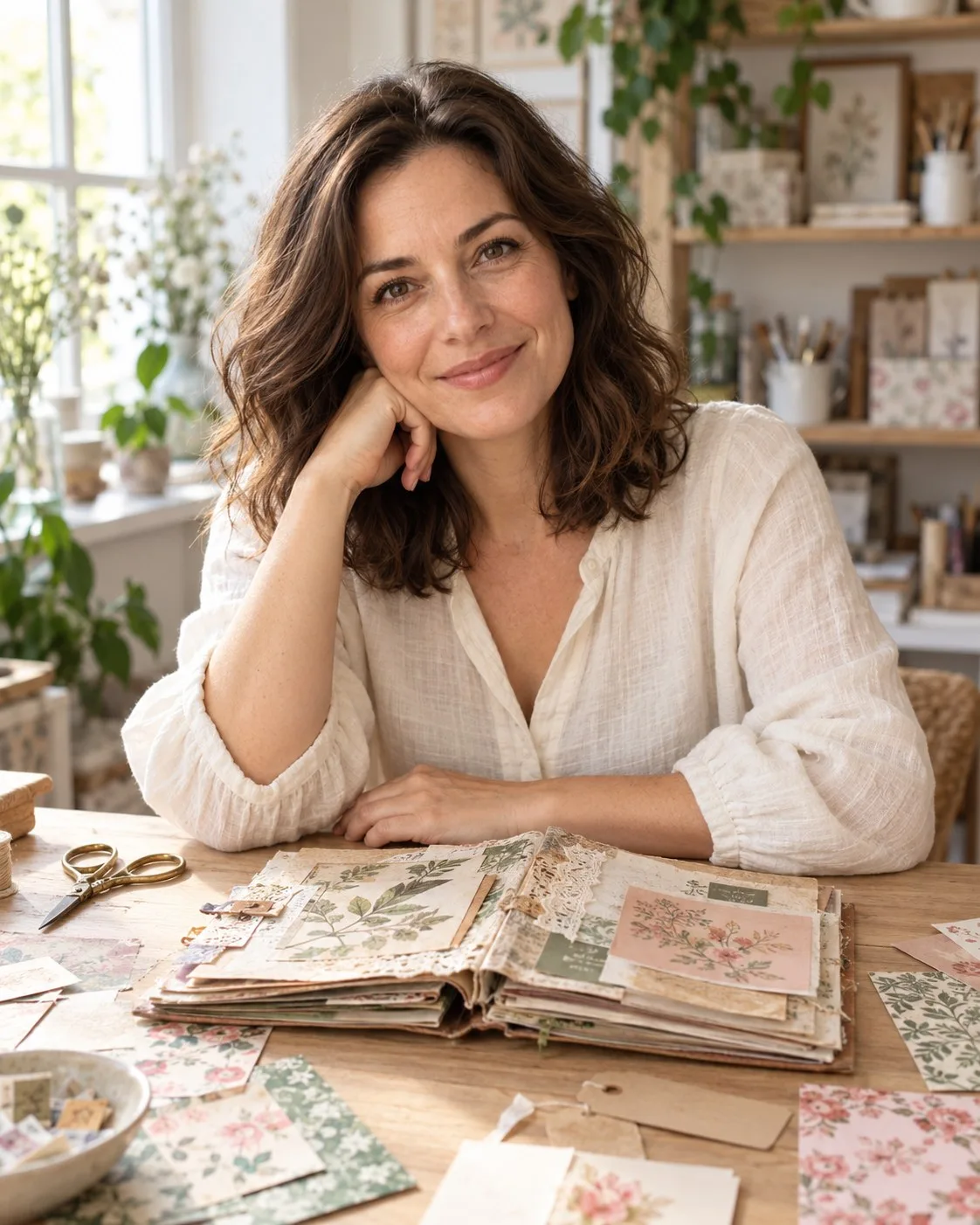 Valeria at her craft table with an open junk journal and printed scrapbook papers