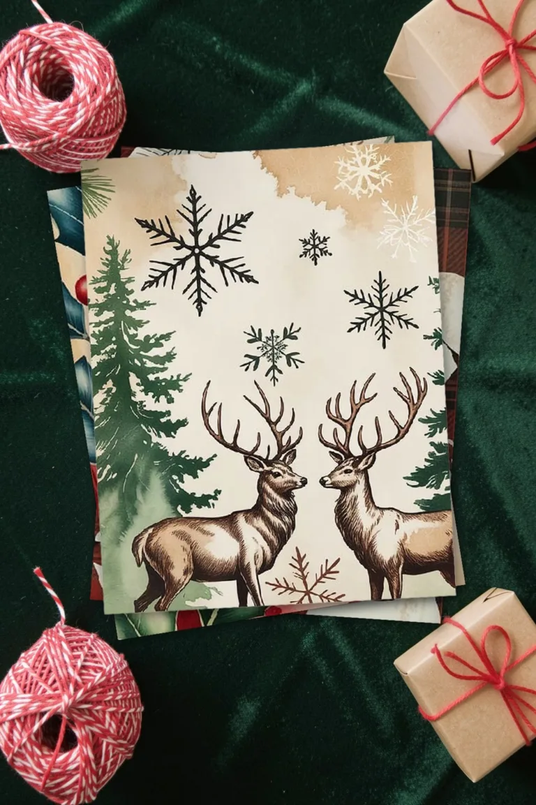 Vintage Christmas paper with two deer among pine trees and snowflakes, printed sheets stacked, on dark green velvet with red and white twine and small kraft gift boxes