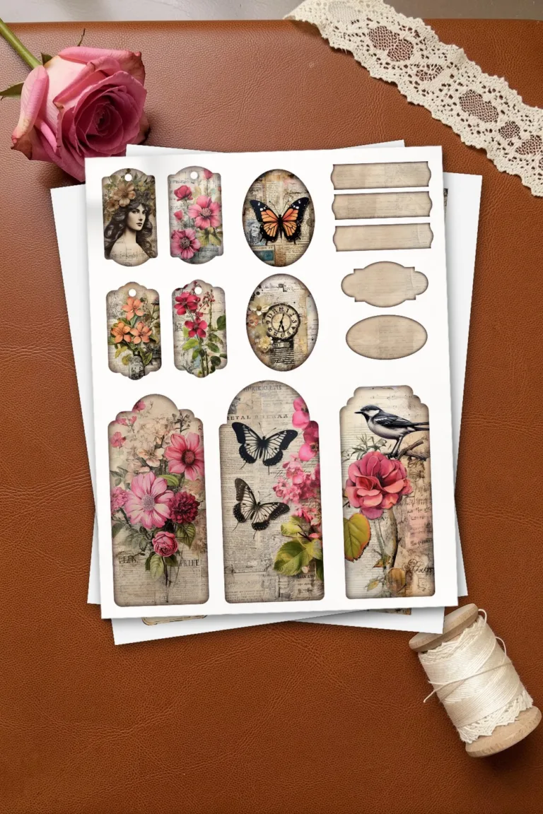 Printed page of vintage floral tags with butterflies and birds, two more pages of the kit under it, on a brown leather desk mat with a pink rose, cream lace and a spool of thread