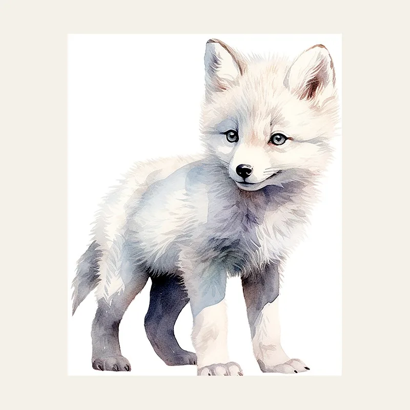 Watercolour white arctic fox cub standing