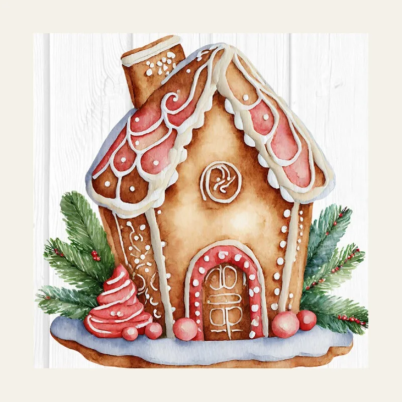 Watercolour gingerbread house with white icing, a pink roof and fir branches