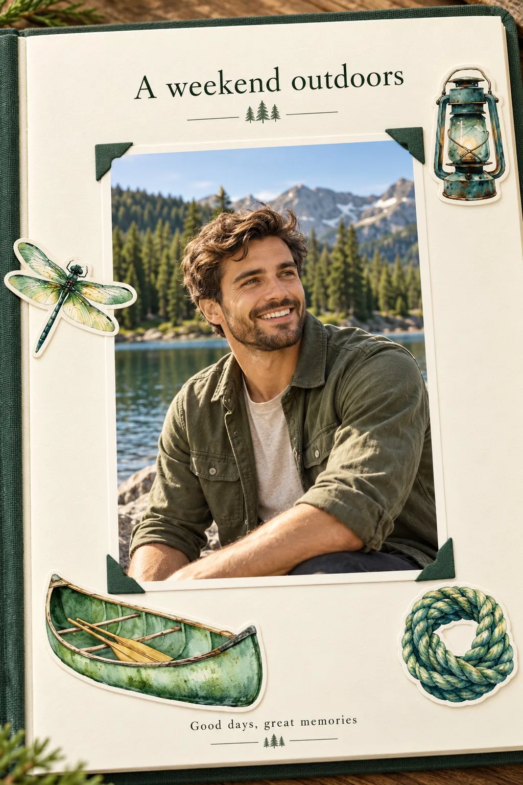 Travel scrapbook page with a mountain lake, a canoe and lantern stickers