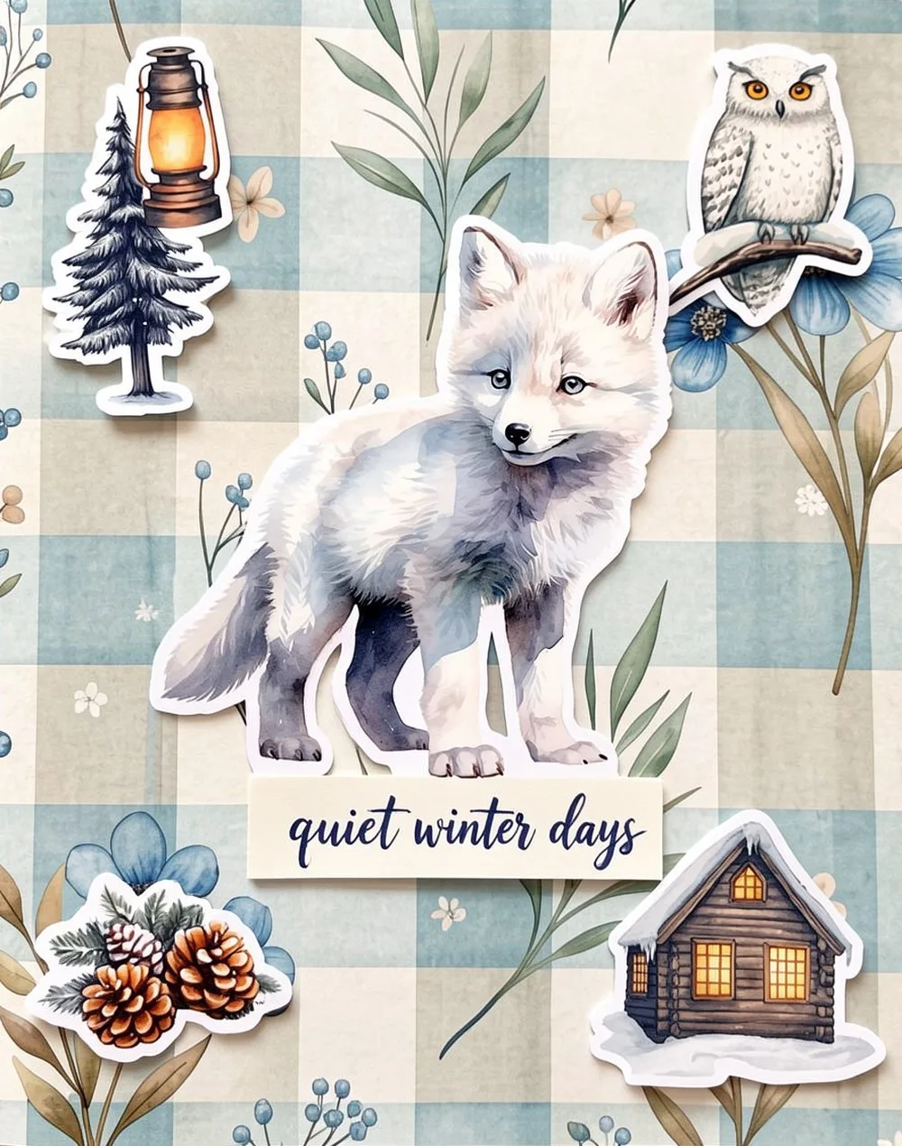 Winter scrapbook layout on pale blue gingham floral paper with a large white arctic fox cub, a pine tree with a lantern, a white owl, a log cabin and pine cones, and a strip that says quiet winter days