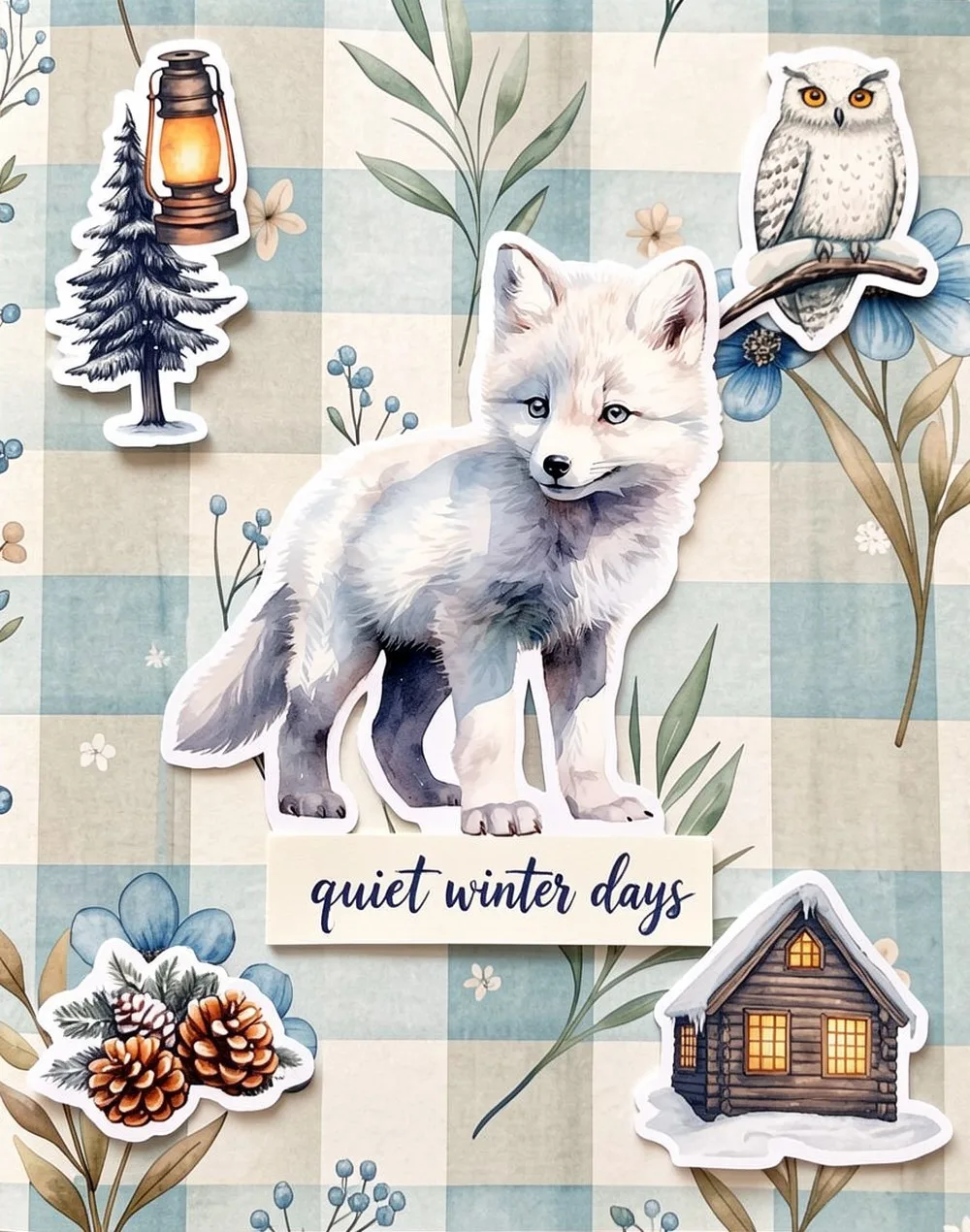 Winter scrapbook page layout on blue checked paper with a white arctic fox and woodland stickers