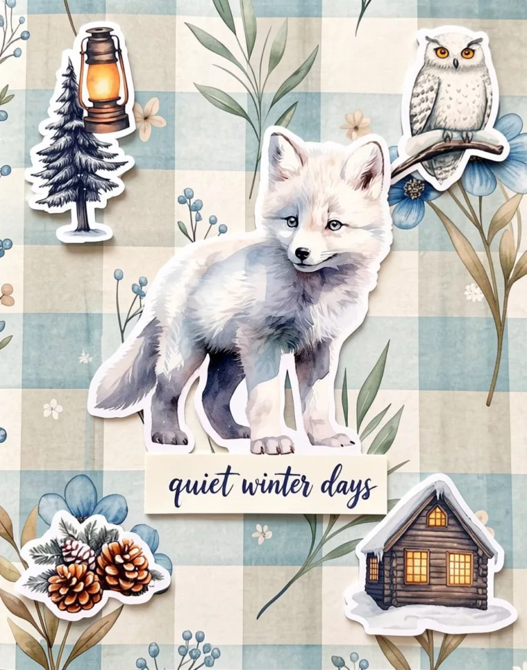 Winter scrapbook page layout on pale blue gingham floral paper with a large white arctic fox cub, a pine tree with a lantern, a white owl, a log cabin and pine cones, and a strip that says quiet winter days