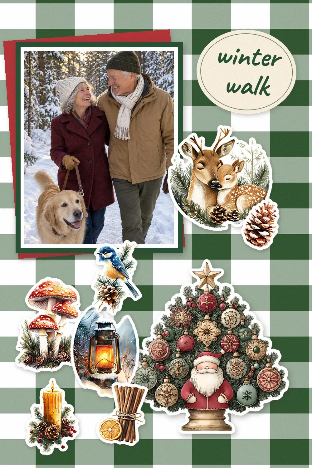 Christmas scrapbook layout on green gingham paper with a photo of an older couple and a golden retriever walking in a snowy forest, a large decorated Christmas tree with Santa, a sleeping deer and fawn, mushrooms, a lantern, a bluebird, a candle, cinnamon sticks and a pinecone, and the words winter walk
